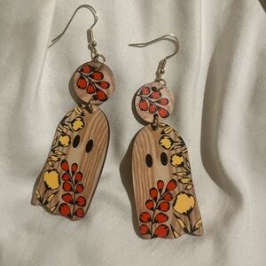 Ghost Earrings with Floral Design Wood Double Sided
